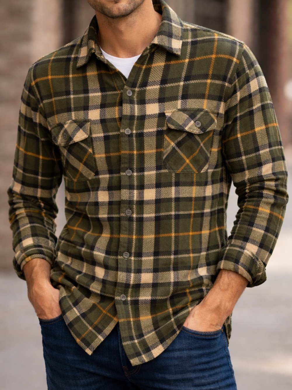 Freedom Foundry Grizzly Fleece Green and Cream Plaid Flannel Size Large